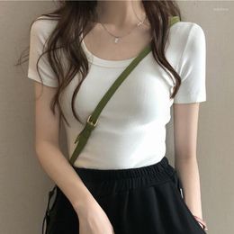 Women's T Shirts O Neck Threaded White T-Shirt Women Summer Casual Basic Shirt Sexy Streetwear Ribber Black Short Sleeve Tops