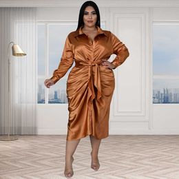 Plus Size Dresses Trendy Women Clothing Reflective Silk Pleated Tie Turn Down Collar Elegant Shirt Party Midi Dress Evening Wholesale 230307