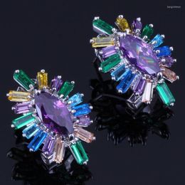 Backs Earrings Jolly Marquise Multigem Multicolor Purple Cubic Zirconia Silver Plated Clip Hoop Huggie V0894