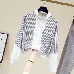 Women's Blouses Shirts Women Spring Stripe Stitching Chiffon Shirt Stand-up Collar Pocket Black and White Stripes Long-sleeved Shirt Blouse 230317