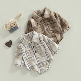 Rompers -06-10 Lioraitiin 0-24M Infant Baby Boy Romper Buttons Lapel Long Sleeve Vintage Plaid Pattern Jumpsuit with Pockets 230317