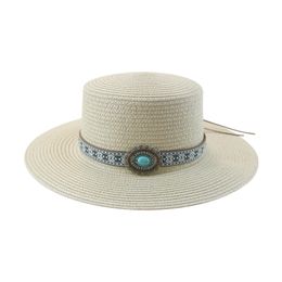 Hat Hats for Women Beach Bucket Hat Straw Sun Protection Flat Top Belt Band Western Cowboy Panama Straw Hat