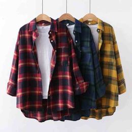 Women's Blouses Shirts Fashion womens Cotton Blouse Shirt Plaid Loose Casual Plaid Long sleeve All-match Student Top Womens Blouses red/green yellow 230317