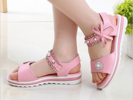 Sandals Pearl Pink White Fashion Non-slip Soft Bottom Bows Summer Korean Girls Kids Princess Shoes
