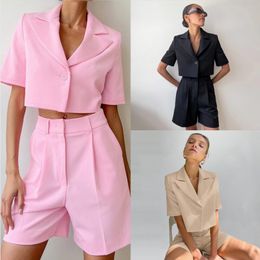 Summer Women Blazer Suit Fashion New in Slim Casual Blazers Sets Female Clothing Solid Colour 2 Pieces