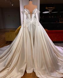 Elegant Mermaid Wedding Dresses Long Sleeves V Neck Satin Pearls Beaded Sequins Appliques Diamonds Detachable Train Bridal Gowns Plus Size Vestido de novia Custom