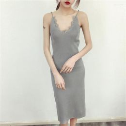 Casual Dresses Gowyimmes 2023 Autumn Sexy Women Spaghetti Slim Lady Midi-long Knitted Lace Dress Winter Pullovers Bottomings PD392