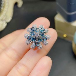 Cluster Rings Elegant Two Level Lovely Round Natural Blue Topaz Gem Ring Gemstone S925 Silver Women Party Girl Gift Fine Jewelry