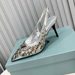 Kadın sivri ayak parmakları sandaletler stiletto topuk yüksekliği 8.5cm elbise ayakkabıları slingback parti düğün ayakkabısı için zarif terlikler klasik gümüş siyah nisan aptallar günü bir hediye