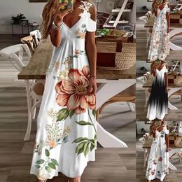 Casual Dresses Sexy Spaghetti Strap Long Dress Women Summer Floral V Neck Hollow Out Boho Maxi Dresses Casual Beach Dress Party Robe Vestidos 230316
