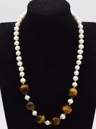 Chains Freshwater Pearl White/black Near Round Tigereye 16mm Necklace Wholesale 19inch FPPJ Nature Beads Gift