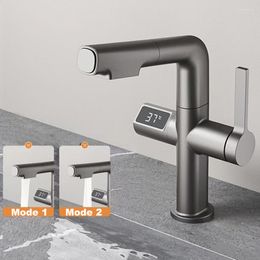 Bathroom Sink Faucets LCD Digital Display Basin Faucet Pull Out Tap Cold Kitchen Brass Deck Mount Mixer