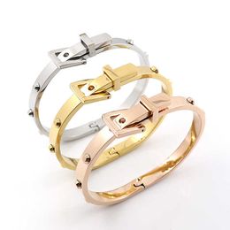 Band Rings Promotion Punk 316L Stainless Steel Belt Buckle Cuff Bangles Openable Charm Bracelets Gold Color Women Men Famous Jewelry G230317