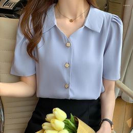 Women's Blouses 2023 Summer Puff Short Sleeve Elegant Office Lady Chiffon Tops Turn-Down Collar Loose Blouse Shirt Women Blusas Mujer