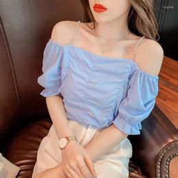 Women's Blouses Blouse Women 2023 Summer Sexy Elegant Pearl Chain Strap Off Shoulder Shirt Top Flared Sleeves Short Solid Colour Folds