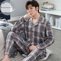 Men's Sleepwear Spring Autumn Knitted Cotton Long Pajama Sets Plaid Sleepwear PJ Pyjamas Men's Sleep Lounge Home Fashion 230317