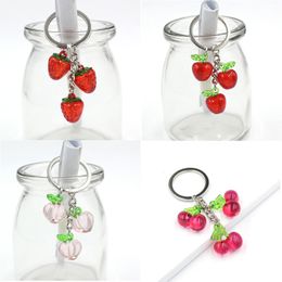 Cute Fruit Key Rings 3D Acrylic Cherry Peach Apple Strawberry Keychain Keyring Car Holder Bag Pendant Accessories Jewellery Gift for Women Girls Children