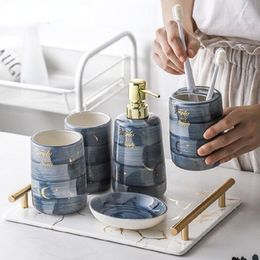 Bath Accessory Set Creative Marble Ceramics Five-Piece Bathroom Toilet Accessories Sets Toothbrush Holder Mouthwash Cup Shampoo Dispenser