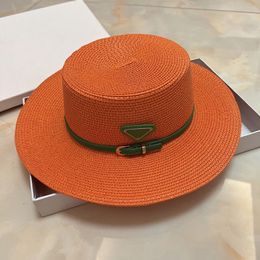 Wide Brim Straw Bucket Caps Hats Fedoras for Mens Womens Designer Sun Protection Spring Summer Fall Beach Vacation Getaway Flat Top Headwear with Green Band Orange