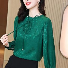 Women's Blouses Jacquard Shirt Female 2023 French Retro Round Collar Bead Tape Top High-end Casual Loose Long Sleeve Pringting Blouse