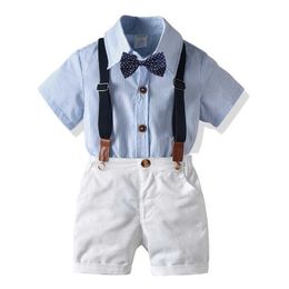 Clothing Sets Boys Suits Outfit Sets Summer Striped Short Sleeve Dress Shirt Solid White Shorts Bow Tie Suspender Kids Formal Designer Clothes P230315