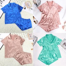 Womens Sleepwear Solid Color Satin Pajamas With Shorts Suit Silk Pyjama For Short Sleeve Casual Pajama Sets Homewear Spring 230317