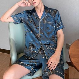 Men's Sleepwear Men Pyjama Sets Summer Sleepwear Ice Silk Satin Short Sleeve Pyjamas Suit Loose Loungewear Male Casual Homewear L-5XL 230317