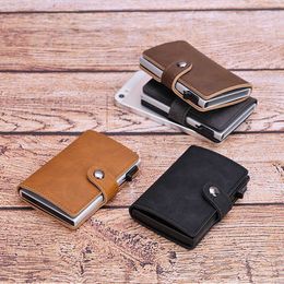 Wallets Blocking Vintage Men Credit Card Holder Aluminium Alloy Business ID Card Case Automatic Male Metal Leather Cardholder Wallet 2022L230303