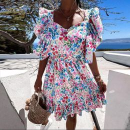 Party Dresses Summer Woman Floral Print Mini Dress Beach Backless Butterfly Sleeve Boho Casual Square Collar Female Vestido