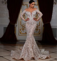 Shiny Sequined Tassel Lace Mermaid Wedding Dresses Full Sleeve Backless Bridal Gowns Custom Made Floor Length Dress Vestido De Novia
