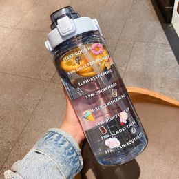 Water Bottles 2L Sports Straw Bottle With Stickers Portable Large Capacity Fitness Bike Cup Summer Ice Cold Jug Time Marker