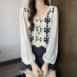 Women's Blouses Yasuk 2023 Spring Summer Fashion Woman Splicing Plaid Casual Women's Slim Tees Chiffon Knitted Top Gentle Sweet Cardigan