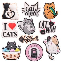 MOQ 20Pcs Cartoon Animal Cat Mom Fishbone PVC Cute Charms For Clog Sandals Shoe Accessories Buckle Decoration For Boys Girls Children Gift