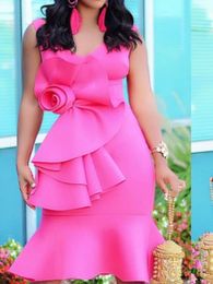 Casual Dresses Women 2023 Pink Flower Design Sexy V Neck Sleeveless Mermaid Midi Length Celebrities Luxury Large Size Party Dress
