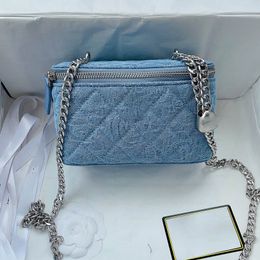 Sky Blue Denim Camellia Women Cosmetic Bag With Mirror Quilted Embroidery Classic Small Square Bag Luxury Handbags Retro Designer Crossbody Mini Cion Pulse 17CM
