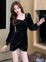 Casual Dresses Spring Autumn Elegant Women Evening Dress Chic Velvet Sexy Folds Slit Mini Party Club Prom Femme Mujer Vestidos Fiesta