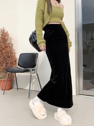 Skirts SML Fish Tail Velvet Women Mermaid Trumpet Long Ankle Length Empire High Waist Skinny Bodycon Female77100 230317