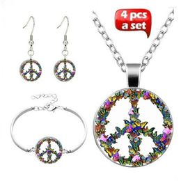 Necklace Earrings Set 4 Pieces Of Peace Logo Pos Tibet Silver Convex Round Glass Pendant Chain Bracelet Jewelry