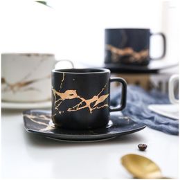 Cups Saucers Marbling Matte Gold Products Series Japanese Style Black And White Cup Saucer Case Tea Glass Coffee