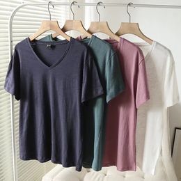 Women's T-Shirt Maxdutti Indie Folk Simple Cotton Linen FashionTshirt V-neck Summer Tshirt Women Short Sleeve Casual Tops 230317