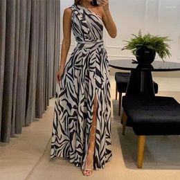 Casual Dresses Women Maxi Dress Summer Fashion One Shoulder Sleeveless Slit Backless Nipped Waist Long Skirt Party Evening