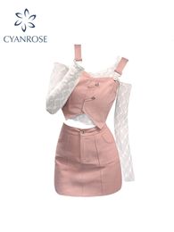 Womens Two Piece Pants Suits Fashion Long Sleeve Sexy Hollow Out Tops Vests Camisole Women Elegant High Waist Mini Skirts Female Summer Outfit 230317