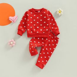 Clothing Sets Valentine's Day Autumn born Baby Boys Girls Clothes Sets Heart Print Long Sleeve Red Pullover SweatshirtsElastic Waist Pants 230317