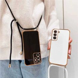 Cell Phone Cases Dome Cameras S 22 21 20 Plating Crossbody Strap Lanyard Cord Case For Samsung Galaxy S23 S22 S21 S20 FE Plus Ultra 5g 2022 Square Cover S10 P230317