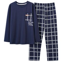 Men's Sleepwear Spring Autumn Men Cotton Pyjamas Set Fashion Casual Plaid Sleepwear Suit Home Clothes Loose Home Wear Plus Size 3XL 230317