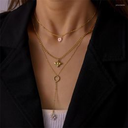 Pendant Necklaces WeSparking EMO Stainless Steel Gold Plated Three Layers Bee Flower Pearl Necklace Clavicle Chain For Women