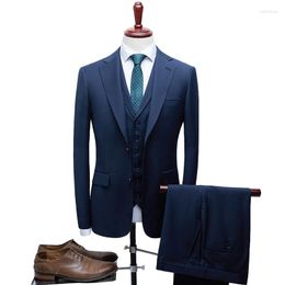 Men's Suits 2023 Navy Blue Striped Boutique Suit Men Wool Casual Dress Three-piece Jacket Trousers Vest Business Formal Wear
