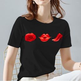 Women's T Shirts Women's T-shirt Black All-match Commuter Ladies Tops Fashion Sexy Lip Print Pattern Series O-neck Short-sleeved Clothes