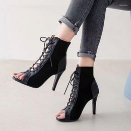 Sandals Shoes Women Black Lace-Up Heels 9CM Women's High Trend Sexy Peep Toe Boots Fashion Cloth Stilettos Jazz Dance