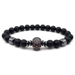 Strand Beaded Strands Classic Skull Charm Bracelet Men Black Pave Cubic Zirconia Hematite Matte Bead For Jewellery Gift